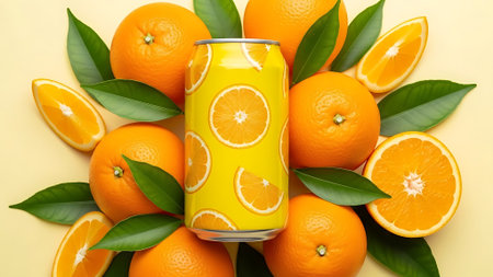 A colorful still life of a can with orange slices surrounded by fresh oranges and leaves.の素材