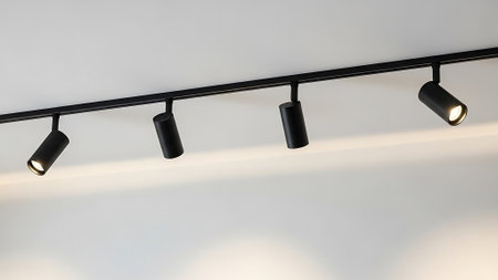 Modern track lighting on a white ceiling.の素材