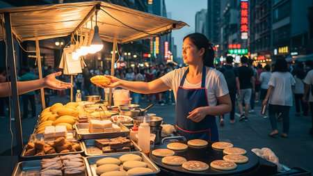Street food vendor offering various pastries and bread.の素材