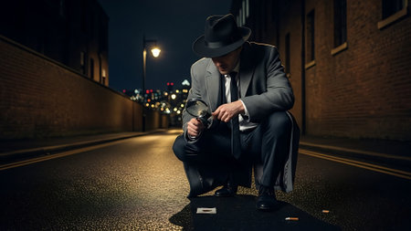 Man in suit and hat on city streetの素材