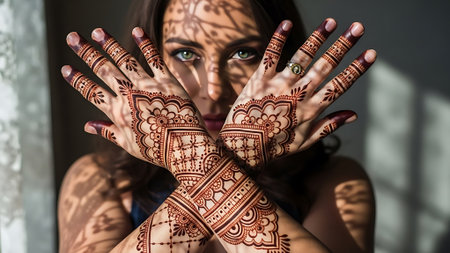 A woman with henna tattoos on her hands and face poses indoors.の素材