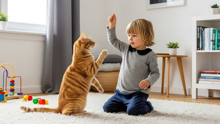 A boy and his pet cat play together on a rug in a bright room.の素材