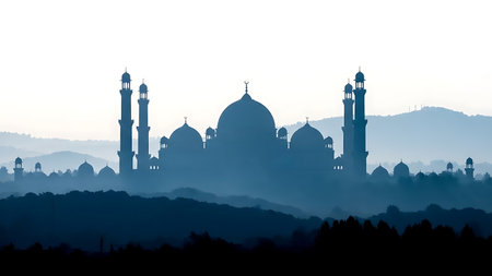 A peaceful ramadhan atmosphere at dawn with a stunning mosque silhouette set against a mountainous landscape.の素材