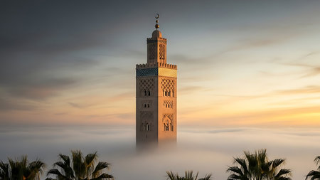 A serene ramadhan morning scene with a majestic mosque tower rising above the fogの素材