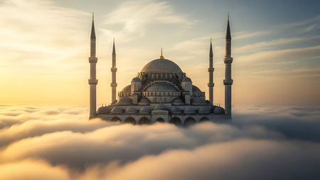 A breathtaking scene of ramadhan serenity with a stunning mosque rising above the clouds during a beautiful sunrise.の素材