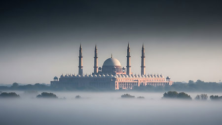 A peaceful ramadhan scene of a mosque standing amidst fog-covered trees and bushes at dawnの素材