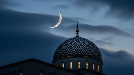 A majestic dome of an islamic building illuminated at dusk during ramadhan with a crescent moon above.の素材