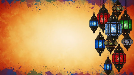 A serene islamic ramadhan scene with colorful lanterns on a warm golden background, rmd4 inspiredの素材