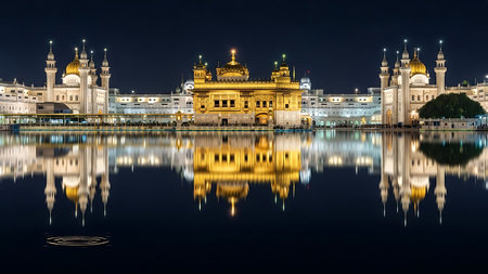 The islamic Ramadhan festivities shine bright at night with a golden temple beautifully reflected in a calm lake, surrounded by illuminated buildings and structures.の素材