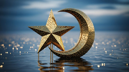 The islamic star and crescent moon, symbols of ramadhan, gently float on rippling water with a serene cloudy sky background in rmd4 194.の素材