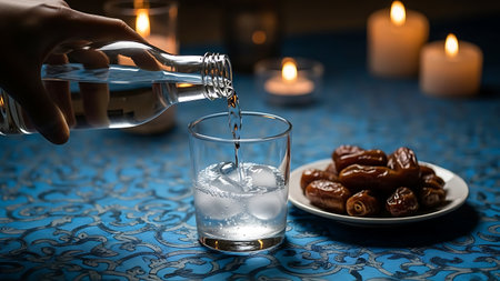 Ramadhan islamic tradition with a hand pouring water into a glass on a blue table with dates and candles.の素材