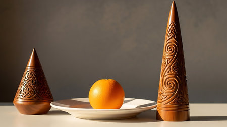 Intricately carved wooden objects sit beside a white plate with an orange during Ramadhan Islamic celebrationsの素材