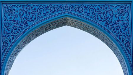 Ramadhan islamic event featuring a stunning blue archway with detailed patternsの素材