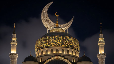 An islamic mosque adorned with ramadhan crescent moon lights on a dark nightの素材