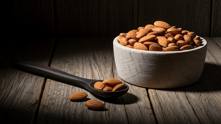 A bowl filled with almonds next to a spoon on a wooden table for Ramadhan islamic festivitiesの素材