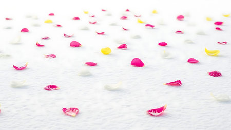 Ramadhan islamic themed decoration with colorful rose petals on a white surface for festive ambianceの素材