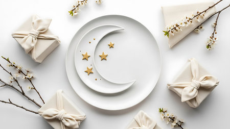 Ramadhan islamic festive table setting with crescent moon plate surrounded by gifts and flowersの素材