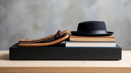 A stack of books with a hat and belt on a wooden table for ramadhan islamic readingの素材