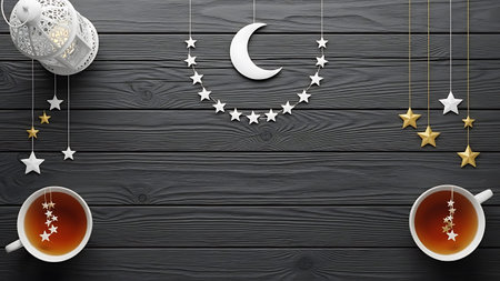 This elegant flat lay captures the spirit of ramadhan and islamic celebration. It showcases a crescent moon, stars, a decorative lantern, and warm tea cups on a dark wooden background.の素材