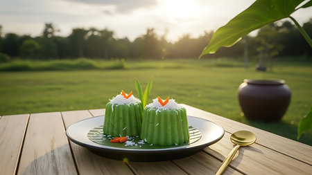 Ramadhan islamic themed setting with green desserts on a plate outdoorsの素材