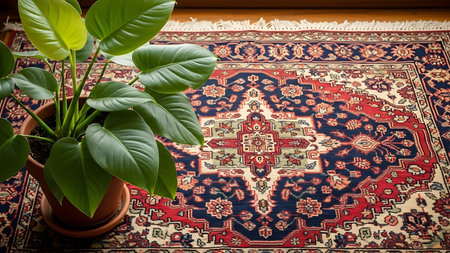 A serene Ramadhan islamic moment with a lush plant on a vibrant traditional rug indoorsの素材