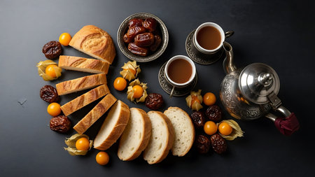 Ramadhan Islamic traditional breakfast with dates, bread, and tea on a dark surface.の素材