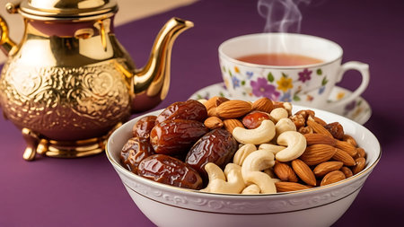 Ramadhan islamic setup featuring a bowl of dates and nuts alongside a steaming cup of tea and a gold teapot on a purple tablecloth.の素材