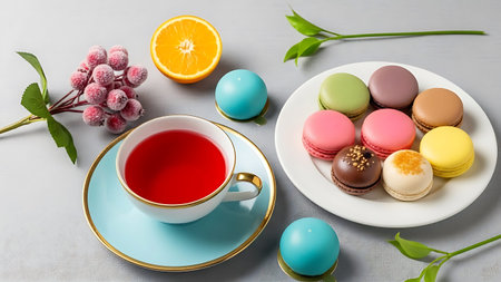 Ramadhan islamic festive spread featuring assorted macarons and teaの素材