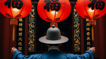 A man in blue clothing faces chinese lanterns in china, celebrating the new year with vibrant decorations.の素材