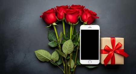 A valentine themed still life featuring red roses, a wrapped gift with a ribbon, and a mobile phone on a dark surface, vlt1 valentine concept.の素材