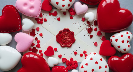 Valentine hearts surround a sealed envelope with a red wax stamp on a table.の素材