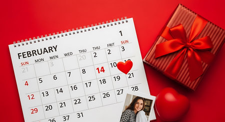 The February calendar shows Valentine's Day on the 14th with a heart, a gift, and a couple's photo.の素材