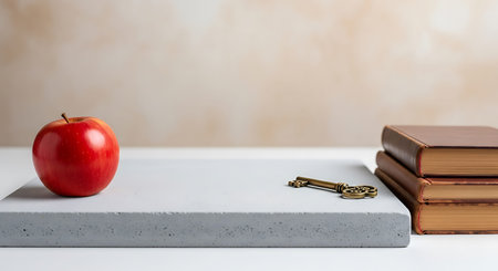 A still life composition featuring a shiny red apple, an antique key, and stacked brown leather books on a white table with a concrete slab.の素材