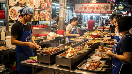 A busy street food market scene with vendors grilling and serving meat on skewers.の素材