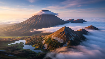 Majestic mountains with clouds at sunrise over a serene landscape.の素材