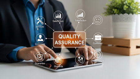 Professional using tablet with quality assurance graphics overlay in a workspaceの素材