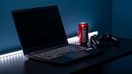 A laptop computer on a table with a soda can and game controller.の素材