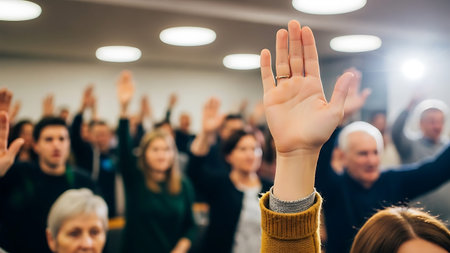 A diverse crowd of people in a meeting room with one person's raised hand in sharp focus.の素材