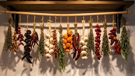 Dried chili peppers and herbs hung from a wooden rack on a wall.の素材