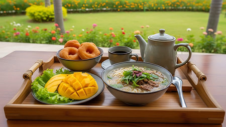 A wooden tray with a bowl of donuts, a plate of mango slices, a bowl of noodles, and a tea set on a table in a garden.の素材