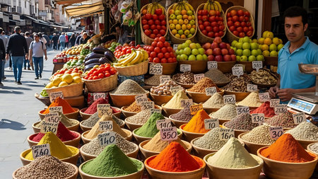 A man stands behind a stall filled with colorful spices and fruits in an outdoor market.の素材