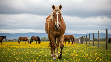 A horse runs in a field with yellow flowers and other horses.の素材