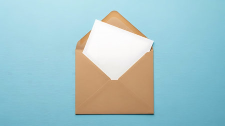 A brown envelope is open with a white letter inside on a blue surfaceの素材