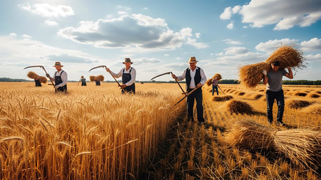 Farmers in traditional attire harvesting wheat in a large field.の素材