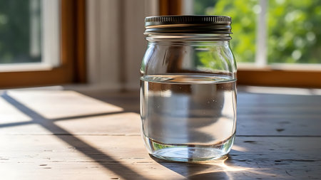 A glass jar with water on a wooden table indoors.の素材