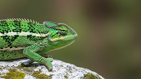 A vibrant green chameleon perched on a mossy rock.の素材
