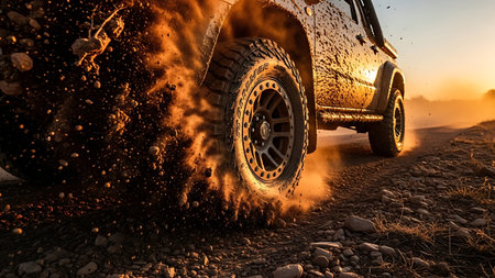 Close-up of a 4x4 vehicle driving on a rocky trail, kicking up dust and debris.の素材