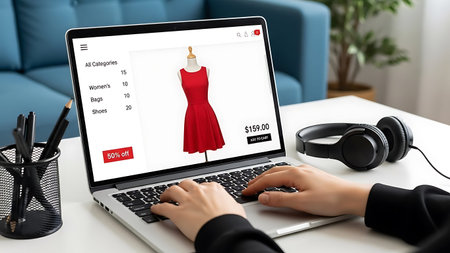 A person is shopping online on a laptop with a red dress displayed on the screen in a cozy living room.の素材