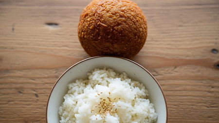 A bowl of rice with a fried food item on a wooden surface.の素材