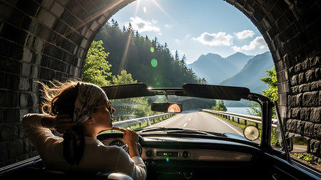 Woman driving through a tunnel on a mountain road in a convertible.の素材